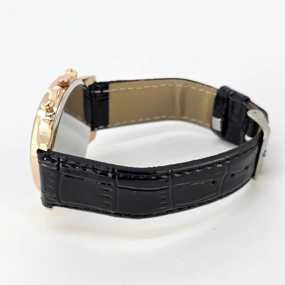 Men's Watch Analog 40MM Black Dial Black Faux Leather Bands New Battery